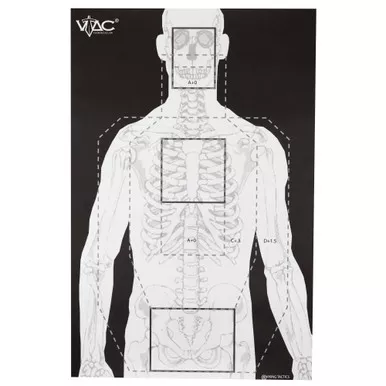 Action Target VTAC-P | Viking Tactics Double Sided Advanced Training Target | Marksmanship Side Has 4 SR-1C Bulls-Eye Target w/1" Square Sighting Grid | Silhouette Side w/Visible Skeleton | Black/White | 23"x35" | 100 Per Box | VTAC-P-100