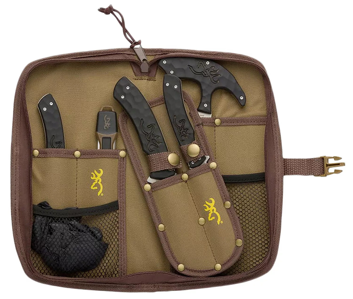 Browning 3220422B Primal ComboFixed Bone Saw/Caper/Gut Tool/Sharpening Tool/Skinner 8Cr13MoV SS Blade, Black Polymer w/Rubber Overmold Handle, 6 Piece Set, Includes Case/Gloves