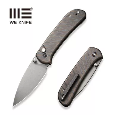 We Knife Qubit Button Lock Folding Knife - 3.2" CPM-20CV Stonewashed Drop Point Blade, Tiger Stripe Flamed Titanium Handles - WE22030F-4